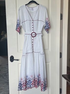 Gul Hurgel White Linen Embroidered Midi Dress, sz X Small - oversized